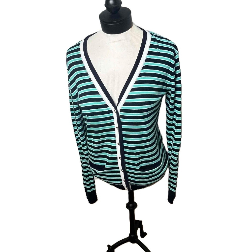 Tommy Hilfiger Preppy‎ Striped Cardigan Women Medium Navy Mint Green Cotton Knit